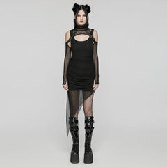 WQ-768LQF Edgy Two-Piece Hooded Mesh Black Punk Dress?-??Punk Rave Clothing