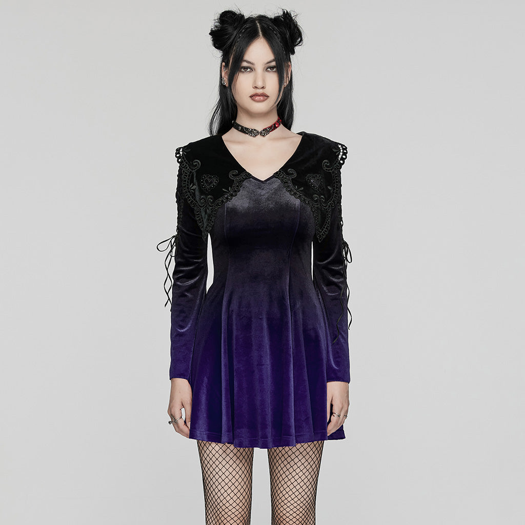 WQ-770LQF Velvet Gothic Dress with Lace Embellishments and Lace-up Back?-??Punk Rave Clothing