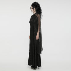 WQ-774LQF Ethereal Black Lace Gothic Dress with Chiffon Cape Sleeves?-??Punk Rave Clothing
