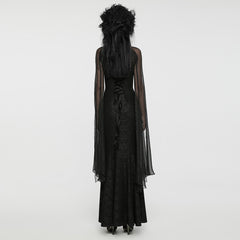 WQ-774LQF Ethereal Black Lace Gothic Dress with Chiffon Cape Sleeves?-??Punk Rave Clothing