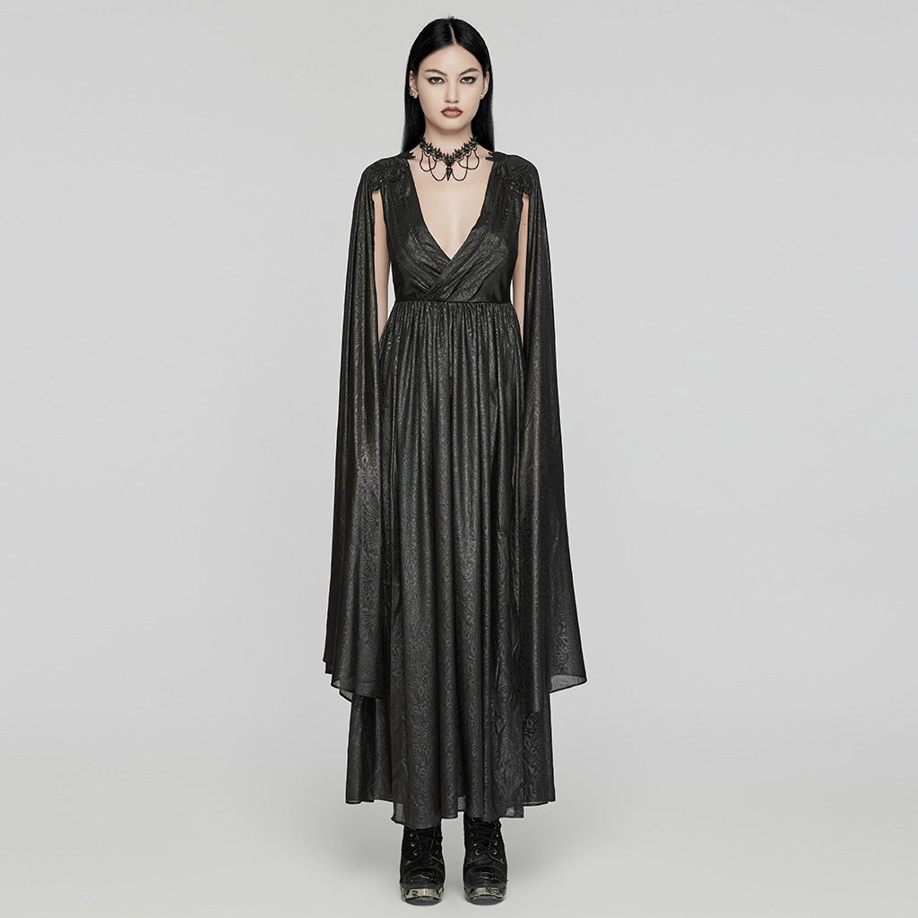 WQ-776LQF Elegant Long Gothic V-Neck Dress with Sheer Cape Details?-??Punk Rave Clothing