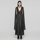 WQ-776LQF Elegant Long Gothic V-Neck Dress with Sheer Cape Details?-??Punk Rave Clothing
