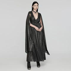 WQ-776LQF Elegant Long Gothic V-Neck Dress with Sheer Cape Details?-??Punk Rave Clothing