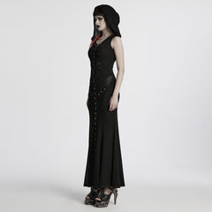 WQ-800LQF Gothic Black Mesh Studded Long Punk Dress