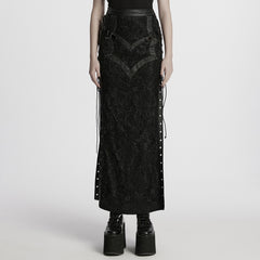 WQ-814BQF Gothic Skirt Black Lace Long Maxi Rivet Details