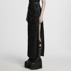 WQ-814BQF Gothic Skirt Black Lace Long Maxi Rivet Details