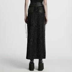 WQ-814BQF Gothic Skirt Black Lace Long Maxi Rivet Details