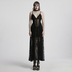 WQ-835LQF Elegant Lace Gothic Dress Spaghetti Strap Sheer Black Maxi