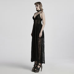 WQ-835LQF Elegant Lace Gothic Dress Spaghetti Strap Sheer Black Maxi