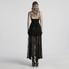 WQ-835LQF Elegant Lace Gothic Dress Spaghetti Strap Sheer Black Maxi