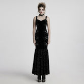 WQ-837LQF Gothic Dress Black Velvet Straps Long Lace Detail