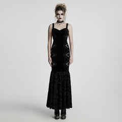 WQ-837LQF Gothic Dress Black Velvet Straps Long Lace Detail