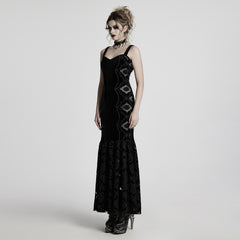 WQ-837LQF Gothic Dress Black Velvet Straps Long Lace Detail