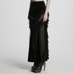 WQ-841BQF Velvet Gothic Skirt with Lace Ruffle Detail Floor Length