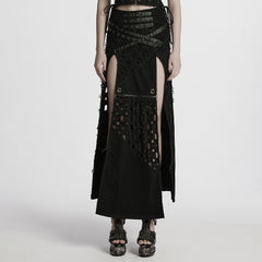 WQ-847BQF Edgy High-Slit Belted Punk Skirt with Mesh Panels