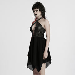 WQ-867LQF Gothic Punk Dresses Halter Neck Lace-Up Leather Dress