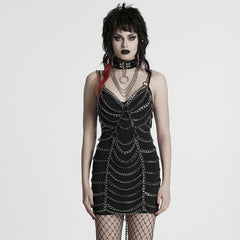 WQ-877LQF Edgy Chain Punk Skirt with Fishnet Accent and Ring Straps