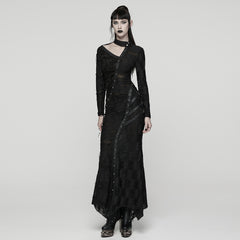 WQ-885LQF Elegant Gothic Dress Asymmetrical Sheer Panels Long Sleeve Maxi