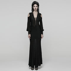 WQ-887LQF Long Black Gothic Dress Cold Shoulder Lace-Up Detail