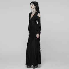 WQ-887LQF Long Black Gothic Dress Cold Shoulder Lace-Up Detail