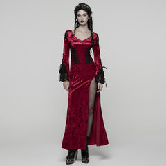 WQ-894LQF Elegant Gothic Dress Red Velvet Lace Detail Maxi Gown