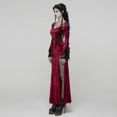 WQ-894LQF Elegant Gothic Dress Red Velvet Lace Detail Maxi Gown