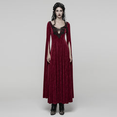 WQ-896LQF Gothic Dress Long Burgundy Velvet Lace Detail Maxi Gown