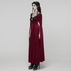 WQ-896LQF Gothic Dress Long Burgundy Velvet Lace Detail Maxi Gown