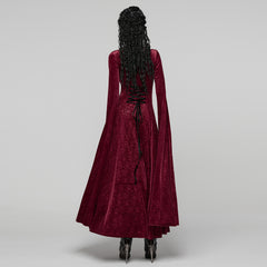 WQ-896LQF Gothic Dress Long Burgundy Velvet Lace Detail Maxi Gown