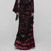 WQ-899BQF Victorian Gothic Skirt Velvet Lace Ruffle Elegance Dark Red