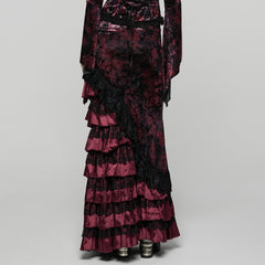 WQ-899BQF Victorian Gothic Skirt Velvet Lace Ruffle Elegance Dark Red