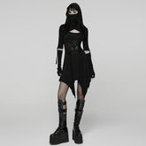 WQ-902LQF Edgy Black Gothic Dress with Hood and Mesh Details