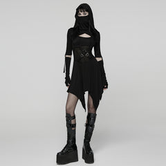 WQ-902LQF Edgy Black Gothic Dress with Hood and Mesh Details