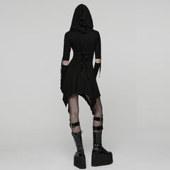 WQ-902LQF Edgy Black Gothic Dress with Hood and Mesh Details