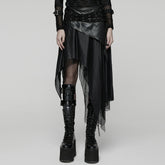WQ-903BQF Edgy Asymmetric Black Punk Skirt with Mesh and Faux Leather