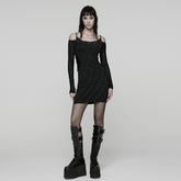 WQ-912LQF Edgy Cold-Shoulder Black Mesh Mini Punk Dress