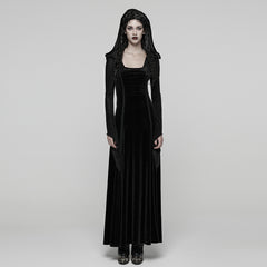 WQ-913LQF Elegant Velvet Hooded Gothic Dress Floor-Length Black Gown