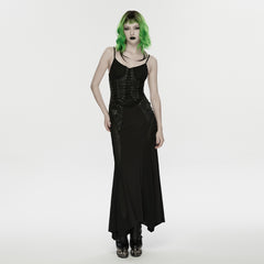 WQ-933LQF Gothic Dress Lace-Up Corset Spaghetti Straps Long Black Mesh Skirt