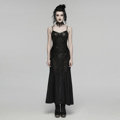 WQ-934LQF Gothic Lace Maxi Dress Spaghetti Strap Black Corset Detail