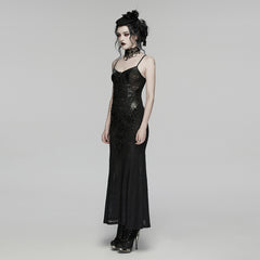 WQ-934LQF Gothic Lace Maxi Dress Spaghetti Strap Black Corset Detail
