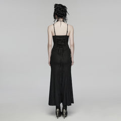 WQ-934LQF Gothic Lace Maxi Dress Spaghetti Strap Black Corset Detail