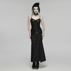WQ-934LQF Gothic Lace Maxi Dress Spaghetti Strap Black Corset Detail