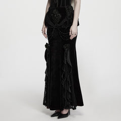 WQ-989BQF Victorian Lace Velvet Gothic Skirt with Chain and Ruffle Details