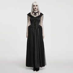 WQ-990LQF Long Black Gothic Dress with Lace and Chain Details