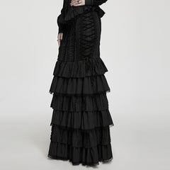 WQ-999BQF Black Gothic Skirt with Layered Ruffles and Lace Trim