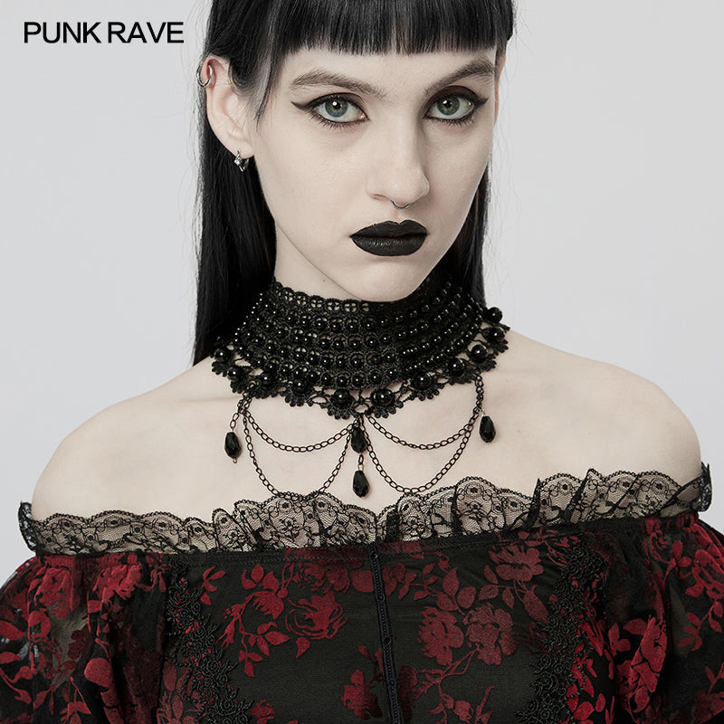WS-536LHF Gothic gorgeous black pearly choker?-??Punk Rave Clothing