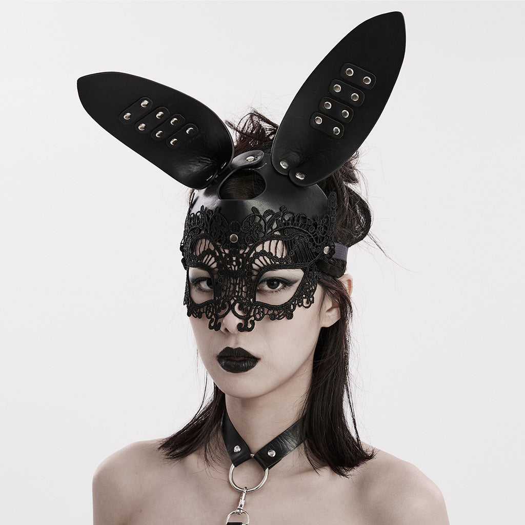 WS-594QTF Gothic Rabbit Lace Mask with Studded Leather Ears?-??Punk Rave Clothing