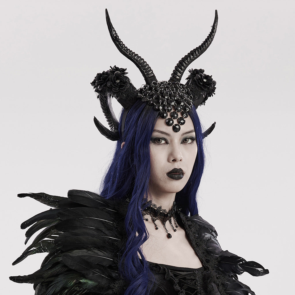 WS-613FSF Gothic Demon Horn Headdress with Floral and Gemstone Detailing?-??Punk Rave Clothing