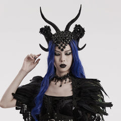 WS-613FSF Gothic Demon Horn Headdress with Floral and Gemstone Detailing?-??Punk Rave Clothing