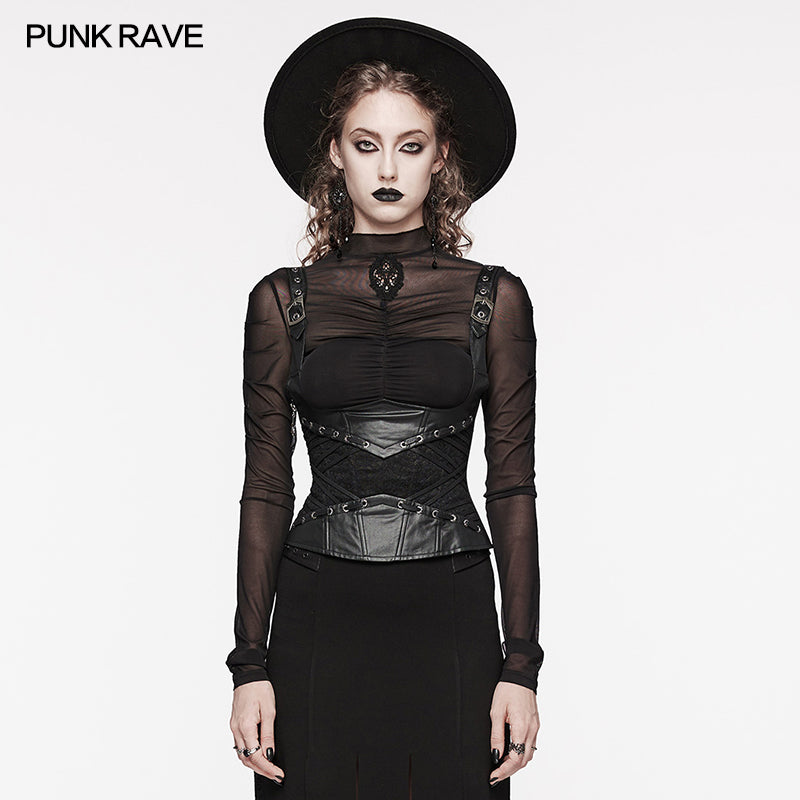 WS-630YDF Gothic Lace-Up Faux Leather Corset Vest with Buckle Straps?-??Punk Rave Clothing